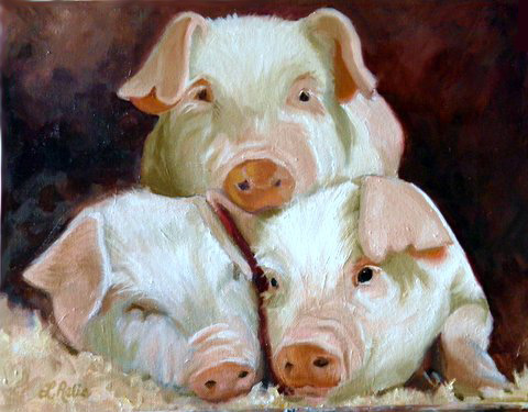 Original Oil Painting of 3 pigs