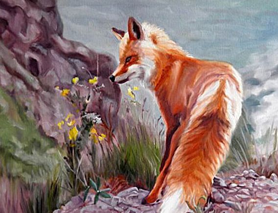 Original Oil Painting of Red Fox and flowers