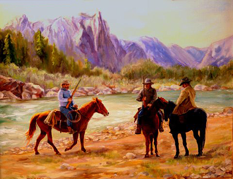 Original Western oil painting of a posse on the hunt