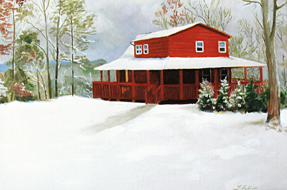Original oil painting of a cabin in the North Carolina mountains