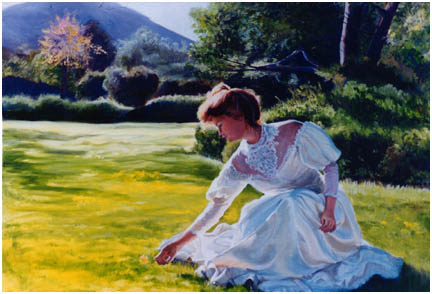 Original oil painting of young woman in meadow