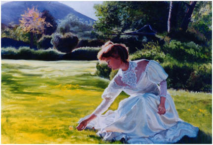 Original oil painting of young woman in meadow