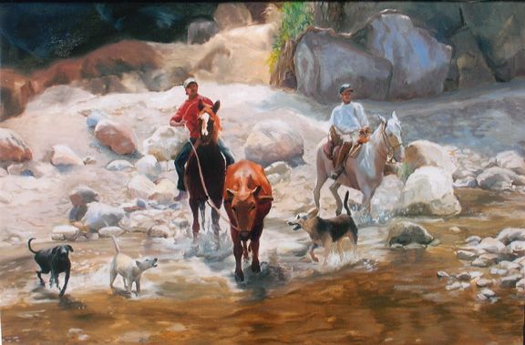 Original western art oil painting of quarther horses, cowboys and dogs