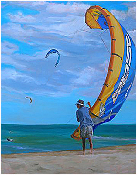 Original oil painting of of kiteboarder or kitesurfer