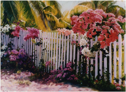 Original oil painting of of bougainvillea on fence