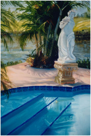 Original oil painting of Greek stated by blue pool
