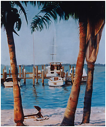 Original oil painting of boats achored in Jensen Beach, FLorida