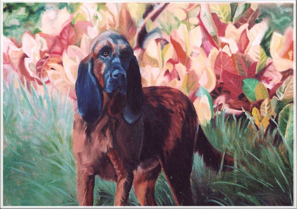 Original oil painting of a bloodhound amid flowers