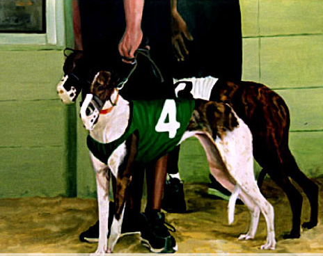 Original oil painting of 2 Greyhounds ready for a race
