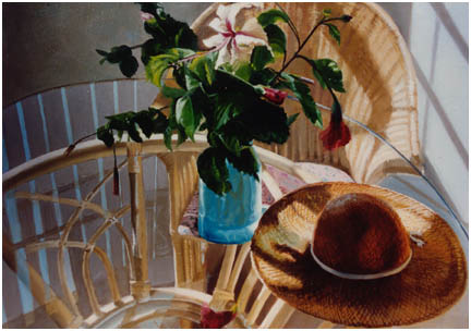 Original oil still life of patio table with hibiscus and gardening hat