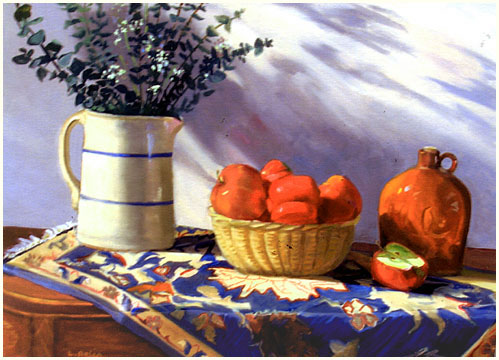 Original oil still life of apples, and jugs on Pakistani rug