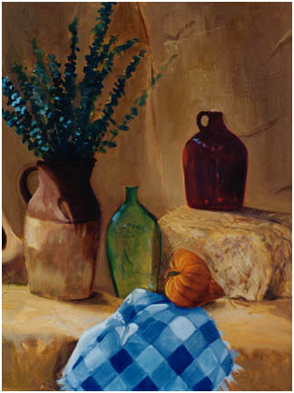 Original oil still life of jugs, branches, qourd