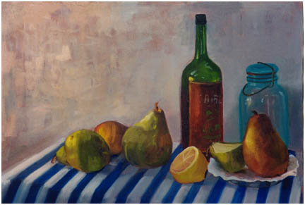 Original oil still life ofpears and bottles